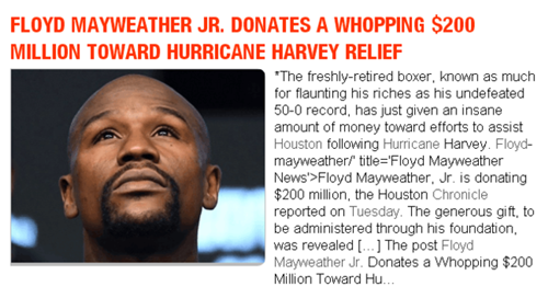 场上拳王场外也堪称英雄   梅威瑟向休斯顿灾区捐2亿美元