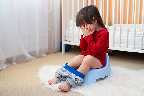 crying toddler sitting on potty at home